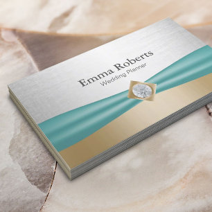 Wedding Planning Teal Ribbon Modern Silver & Gold Business Card