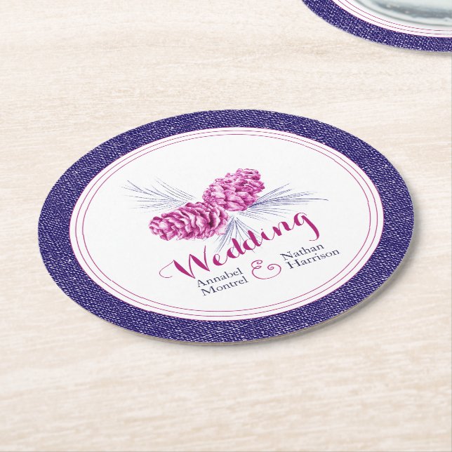 Wedding plum navy winter pine cone coasters (Angled)