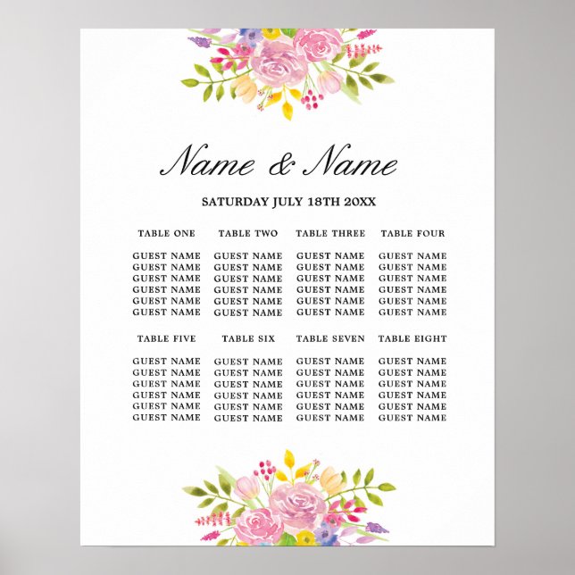 Wedding Poster 8 Seating Pink Floral Flowers Sign (Front)