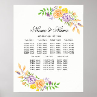 Wedding Poster Seating Purple Floral Flowers Sign