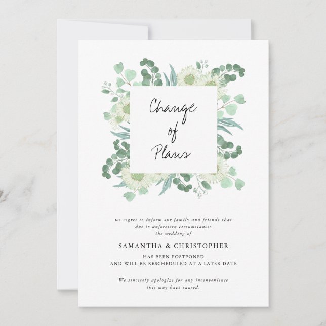 Wedding Postponed Watercolor Greenery Announcement (Front)
