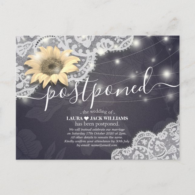 Wedding Postponement Change The Date Sunflowers Announcement Postcard (Front)
