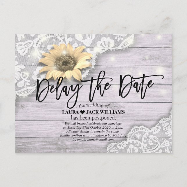 Wedding Postponement Delay the Date Lace Sunflower Announcement Postcard (Front)
