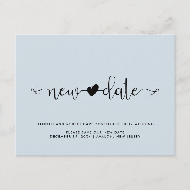 Wedding Postponement New Date Heart Dusty Blue Announcement Postcard (Front)