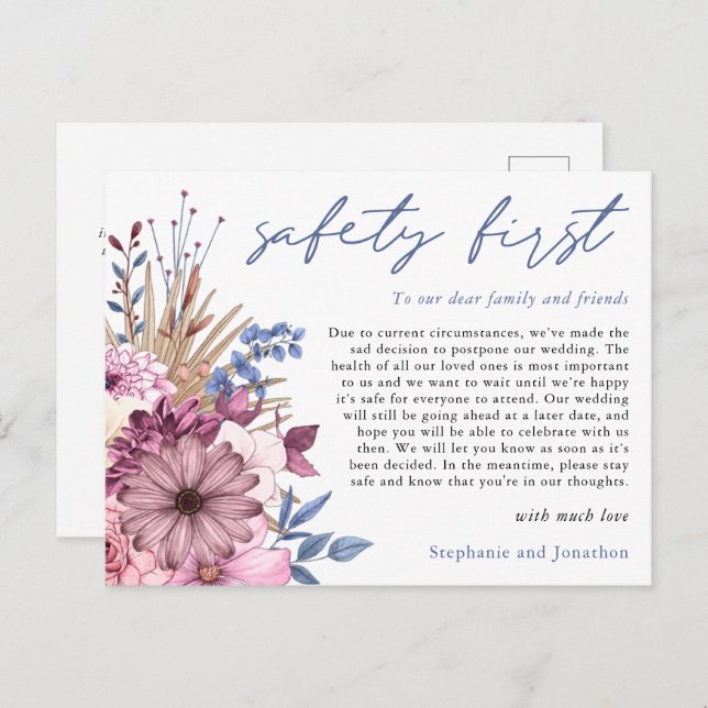 Wedding Postponement Safety First COVID Florals Announcement Postcard (Front/Back)