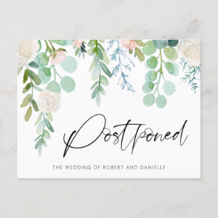 Wedding Postponement Watercolor Floral Greenery Announcement Postcard