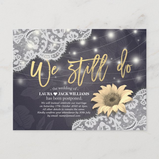 Wedding Postponement We Still Do Lace Sunflowers Announcement Postcard (Front)