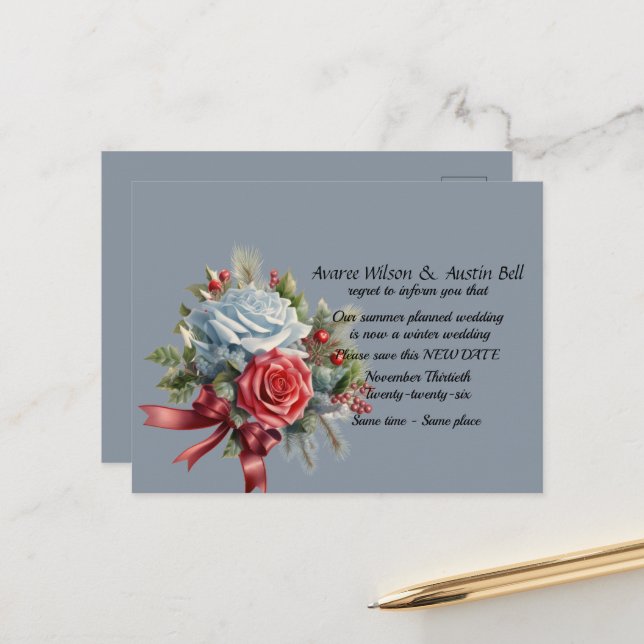 Wedding Postponement Winter Save the Date Announcement Postcard (Front/Back In Situ)