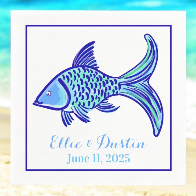 Wedding Preppy Blue Fish Personalised  Napkin (Creator Uploaded)