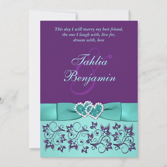 Wedding | PRINTED BOW Aqua, Purple | Floral Invitation (Front)