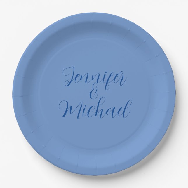 Wedding Professional Classical Blue Calligraphy Paper Plate (Front)