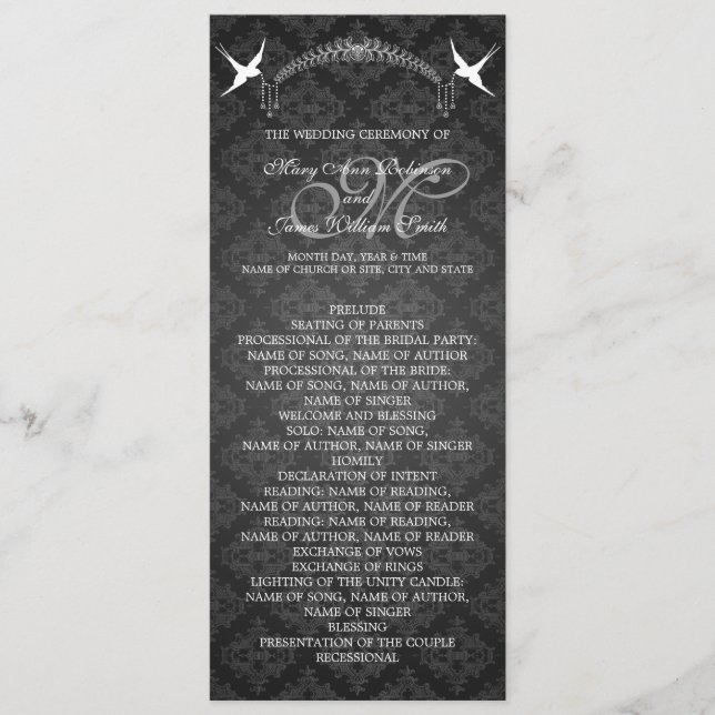 Wedding Program Birds Monogram Black Programme (Front)