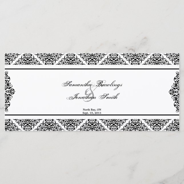 Wedding Program - Black and White Damask Programme (Front)
