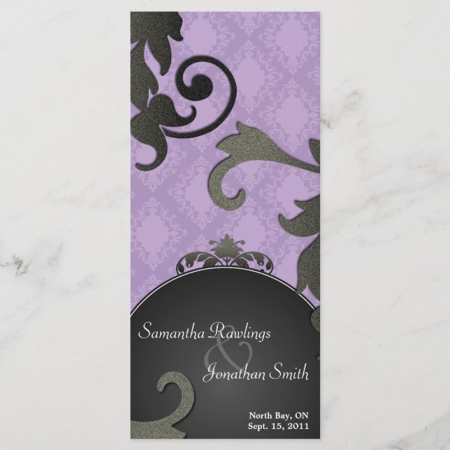 Wedding Program - Black & Purple Floral Damask Programme (Front)
