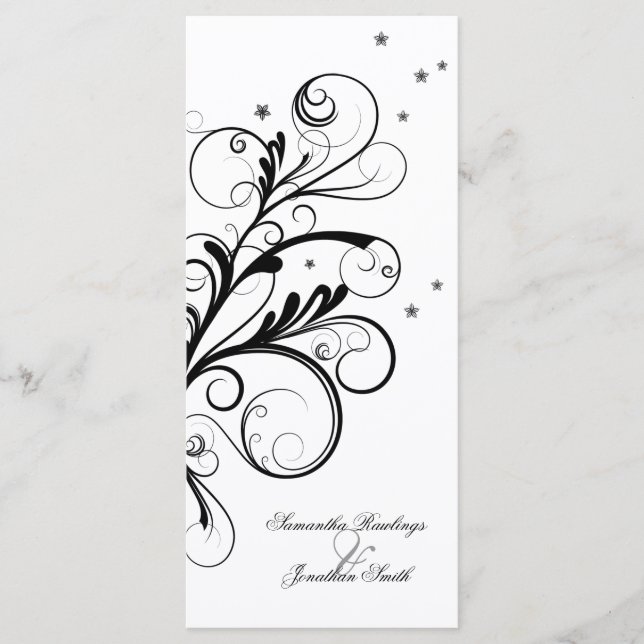 Wedding Program - Black White Floral Elegant Swirl Programme (Front)