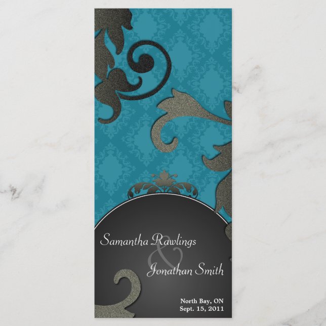 Wedding Program - Blue Black & White Floral Damask Programme (Front)