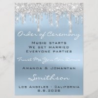 Wedding Program Blue Rose Drips Glitter Spark