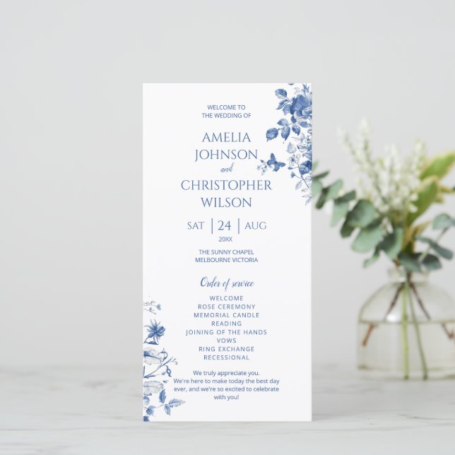 Wedding program Blue vintage flowers (Standing Front)
