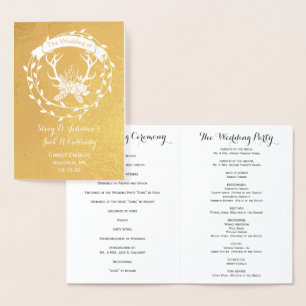 WEDDING PROGRAM Boho Deer Antler Forest Typography Foil Card