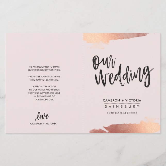 WEDDING PROGRAM brush script rose gold blush pink (Front)