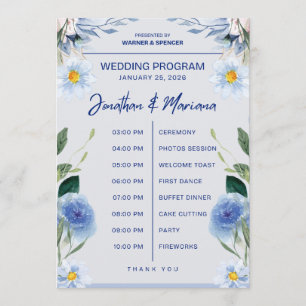 Wedding Program Card – Blue Floral Timeline Design