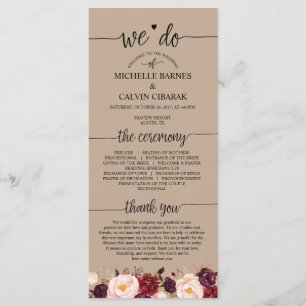 Wedding program card in rustic calligraphy design