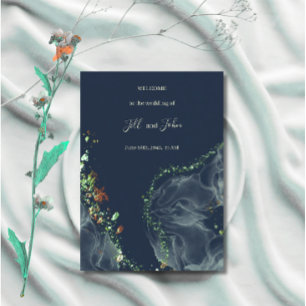 Wedding Program Card Navy Blue Gold Alcohol Ink 