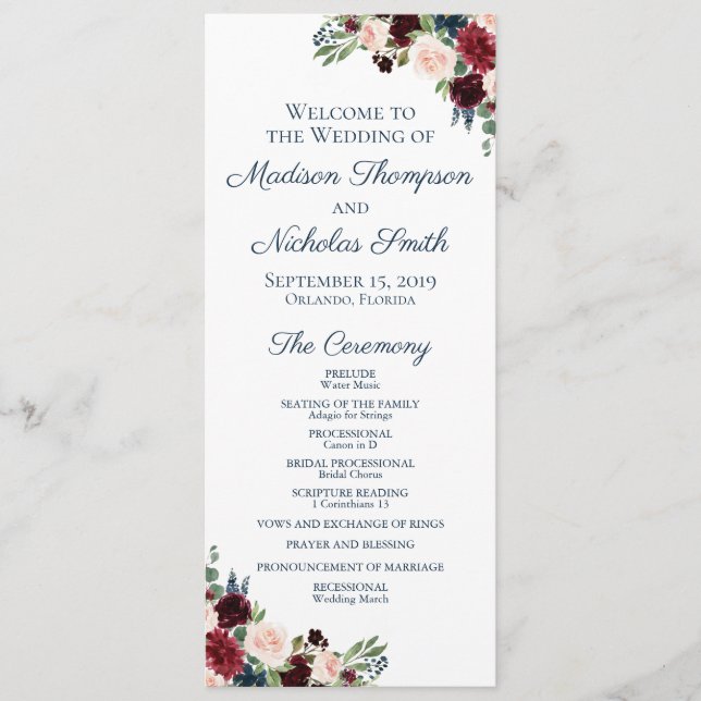 Wedding Program Cards with Navy Marsala Flowers (Front)
