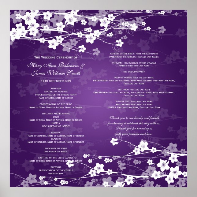 Wedding Program Cherry Blossom Purple Poster (Front)