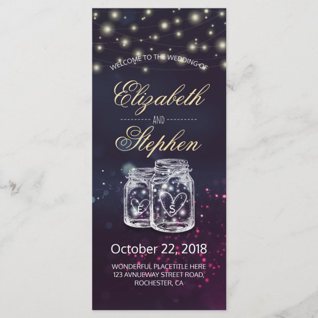 Wedding Program Chic Mason Jar Purple String Light Programme (Front)