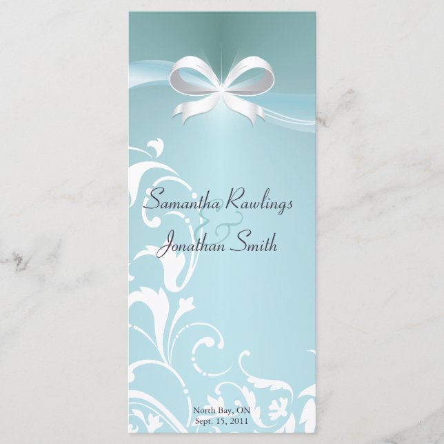Wedding Program - Classy Teal Satin Ribbon Programme (Front)