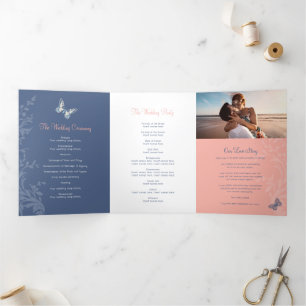 Wedding program coral and dark blue butterflies Tri-Fold programme