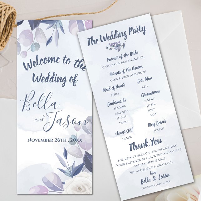 Wedding Program Cute Watercolor Dusty Blue Floral Invitation (Wedding Program Cute Watercolor Dusty Blue Floral)