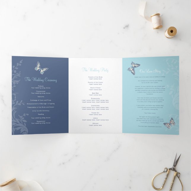 Wedding program dark blue butterflies love story Tri-Fold programme (Inside)