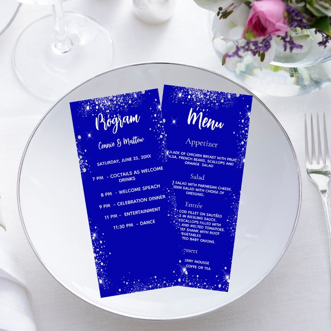 Wedding program dinner menu royal blue silver (Creator Uploaded)
