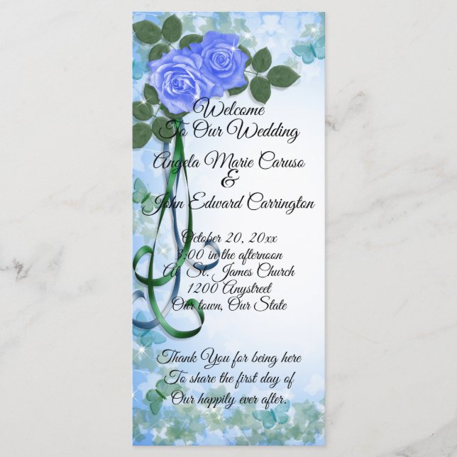 Wedding Program elegant Blue Roses teal ribbon Programme (Front)