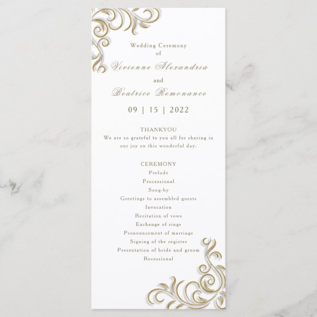 Wedding program elegant gold scroll border programme (Front)