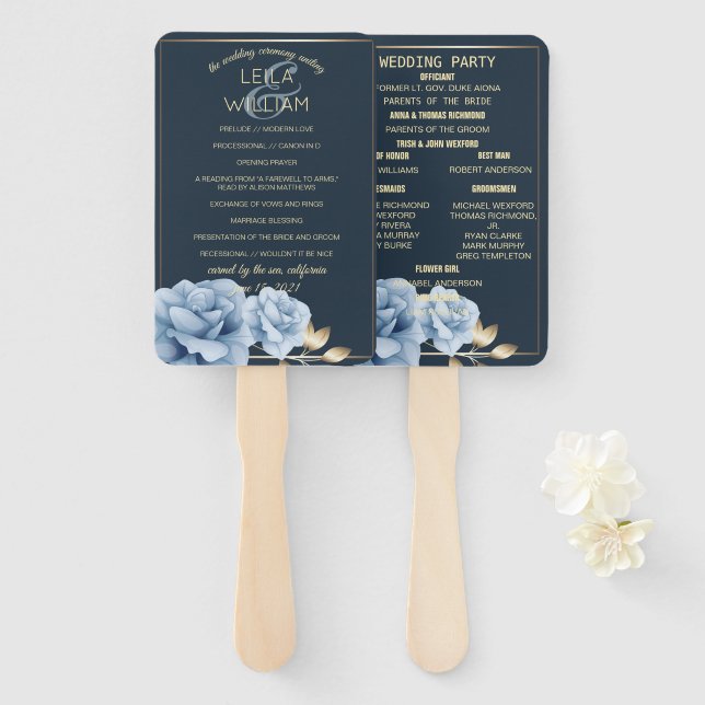 Wedding Program Elegant Midnight blue floral Hand Fan (Front and Back)