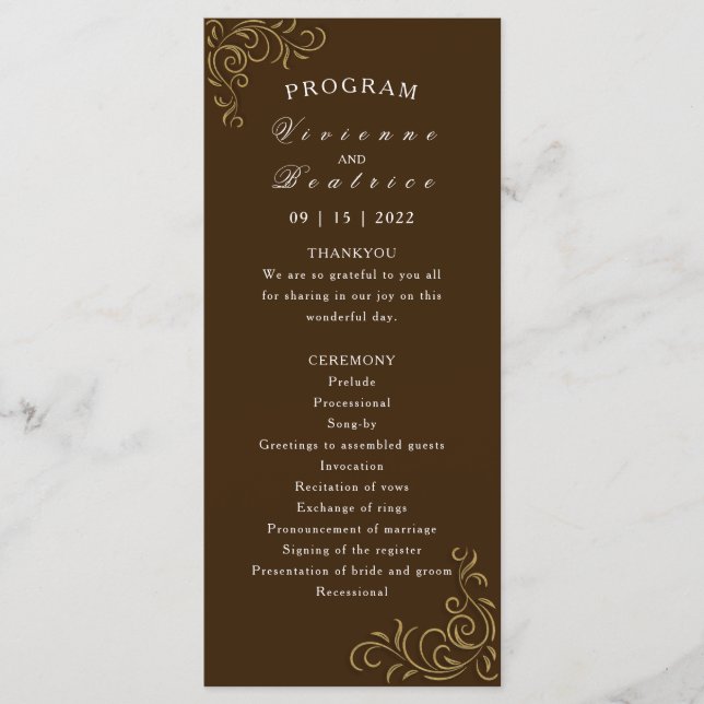 Wedding program elegant rustic gold scroll programme (Front)