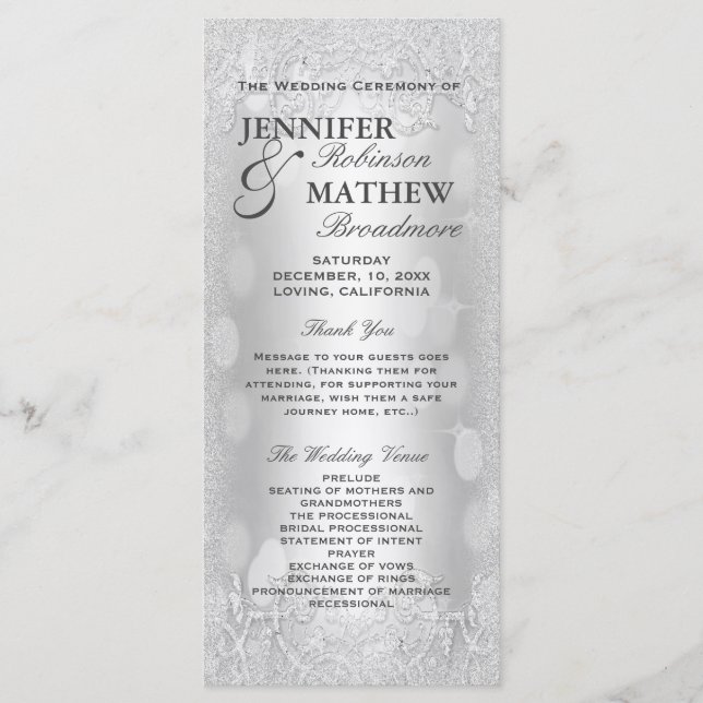 Wedding Program Elegant Silver Faux Glitter Programme (Front)