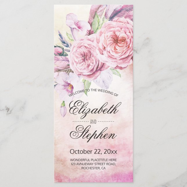 Wedding Program Elegant Watercolor Floral Feathers Programme (Front)
