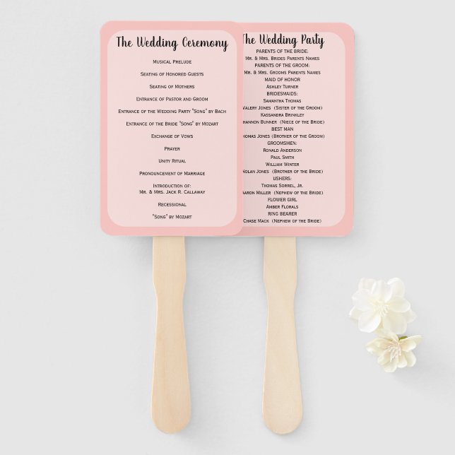Wedding Program Fan Any Custom Colour shown Pink (Front and Back)