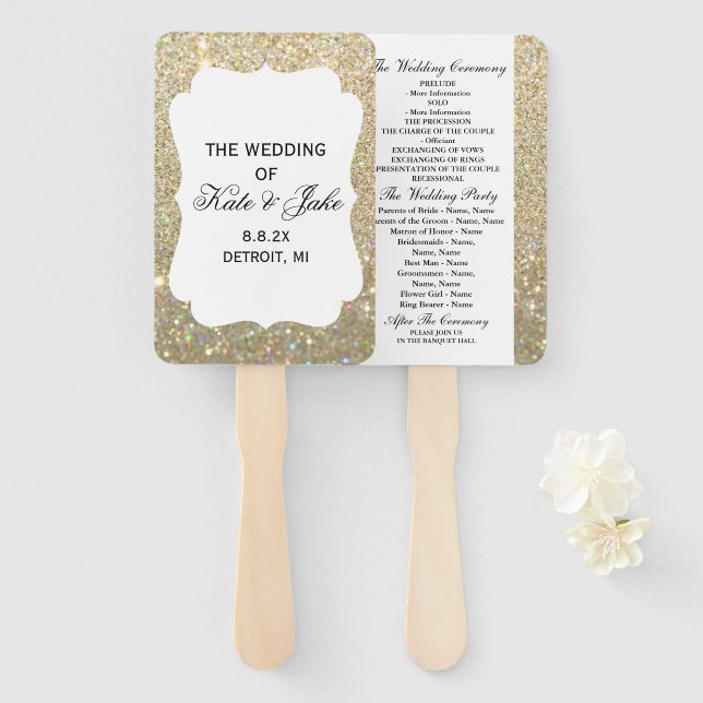 Wedding Program Fan - Gold Glitter Elegance (Front and Back)