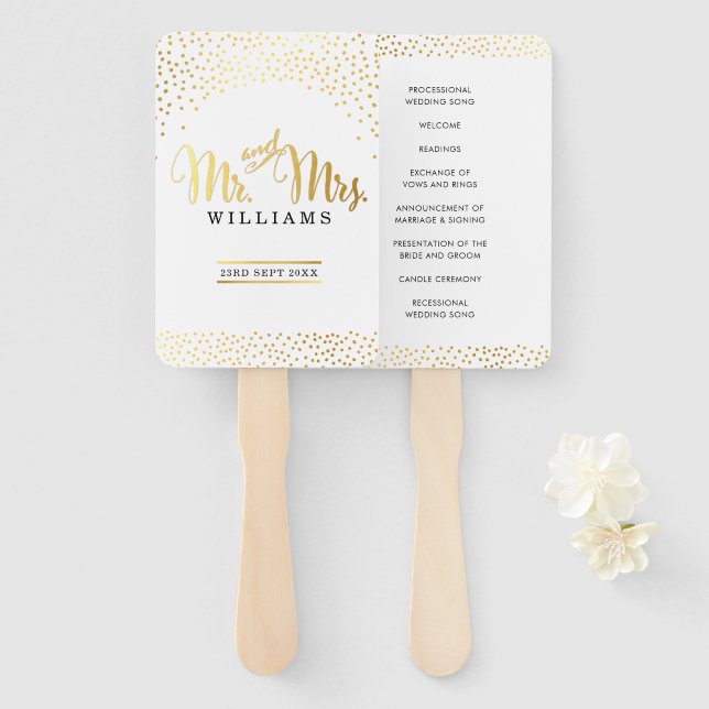 WEDDING PROGRAM FAN mr and mrs chic gold confetti (Front and Back)