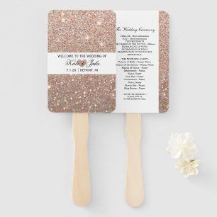 Wedding Program Fan - Rose Gold Heart Glitter Fab