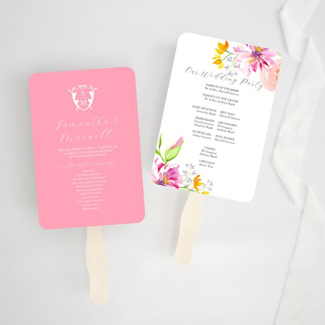 Wedding Program Fan Templates Floral Monogram (wedding program fan templates unique watercolor florals by Victoria Grigaliunas of Do Tell A Belle)