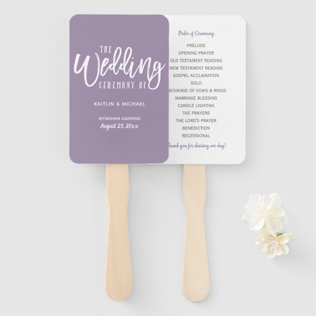 Wedding Program Fans | Brush Script (Lavender) (Front and Back)