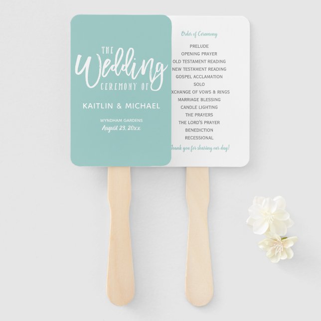 Wedding Program Fans -Brush Script-Light Turquoise (Front and Back)