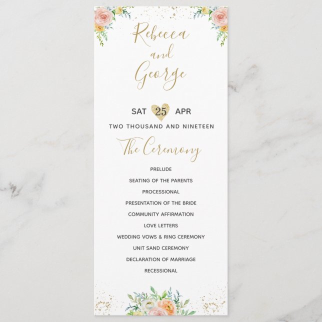 Wedding program floral blush and gold elegant programme (Front)