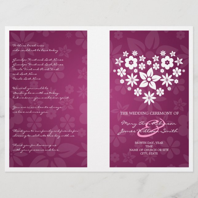 Wedding Program Flowery Heart Berry Pink (Front)
